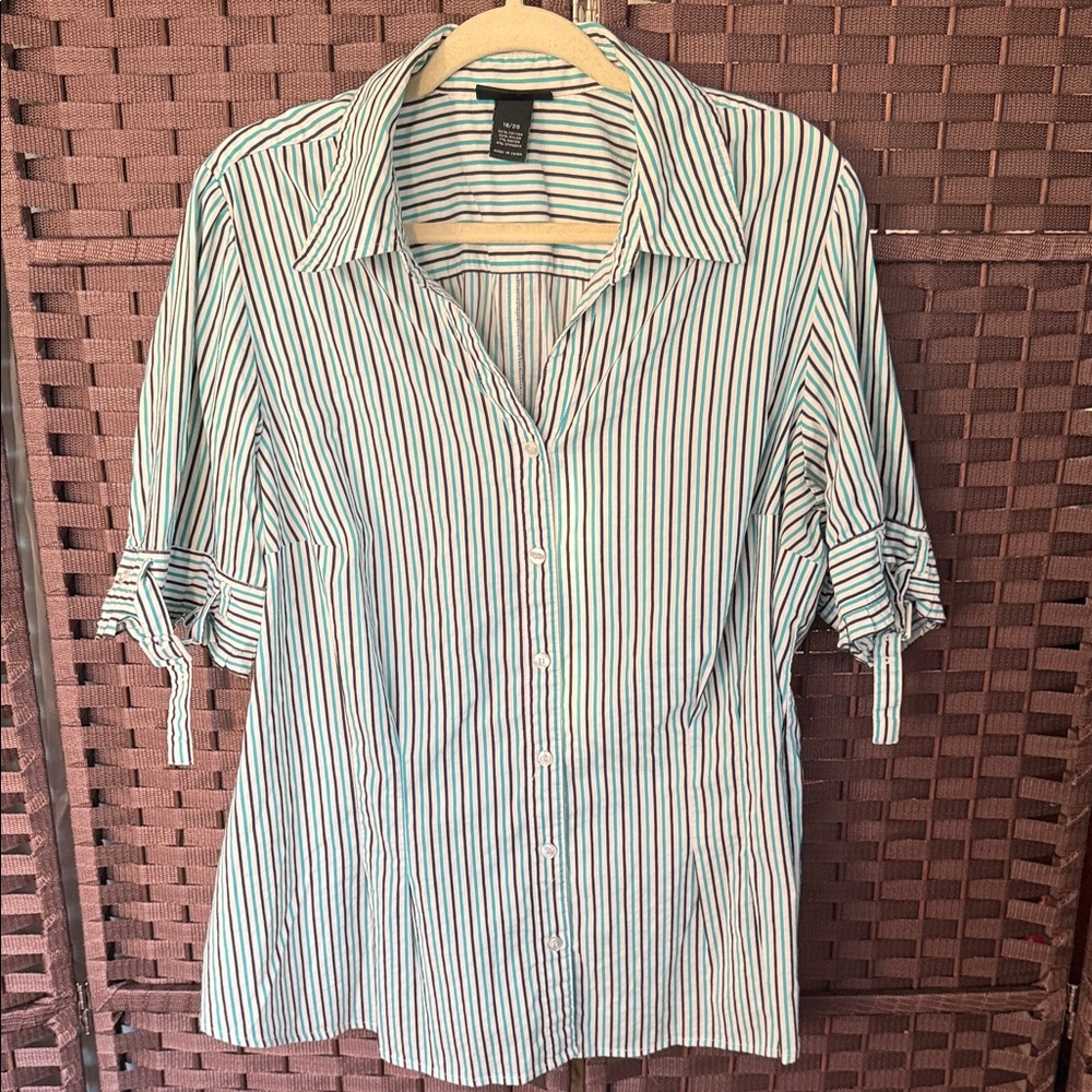 Lane Bryant Blue and White Striped Button Down Shirt